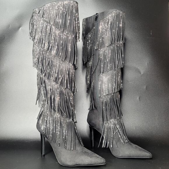 INC International Concepts Shoes - INC Shyn Black Faux Suede Embellished‎ Fringe Western Cowgirl Boots Size 7 NWB